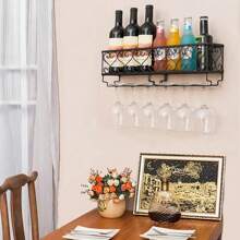 LIVINGANDHOME Living And Home Wall-Mounted Wine Rack,Wine Bottle Rack Glass Shelf Storage Rack,Wine Display Stand Holder,Iron Frame Stemware Racks - Black - View 2