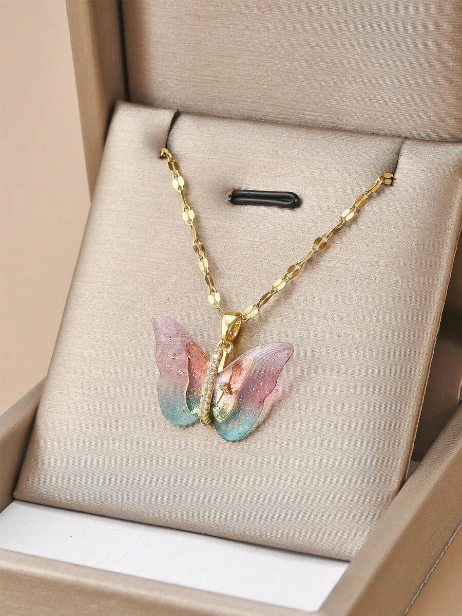 1pc Zirconia Butterfly Stainless Steel Necklace For Women, Luxury Festival Gift (Mixed Asymmetrical Diamond Color) - Multicolor - View 1