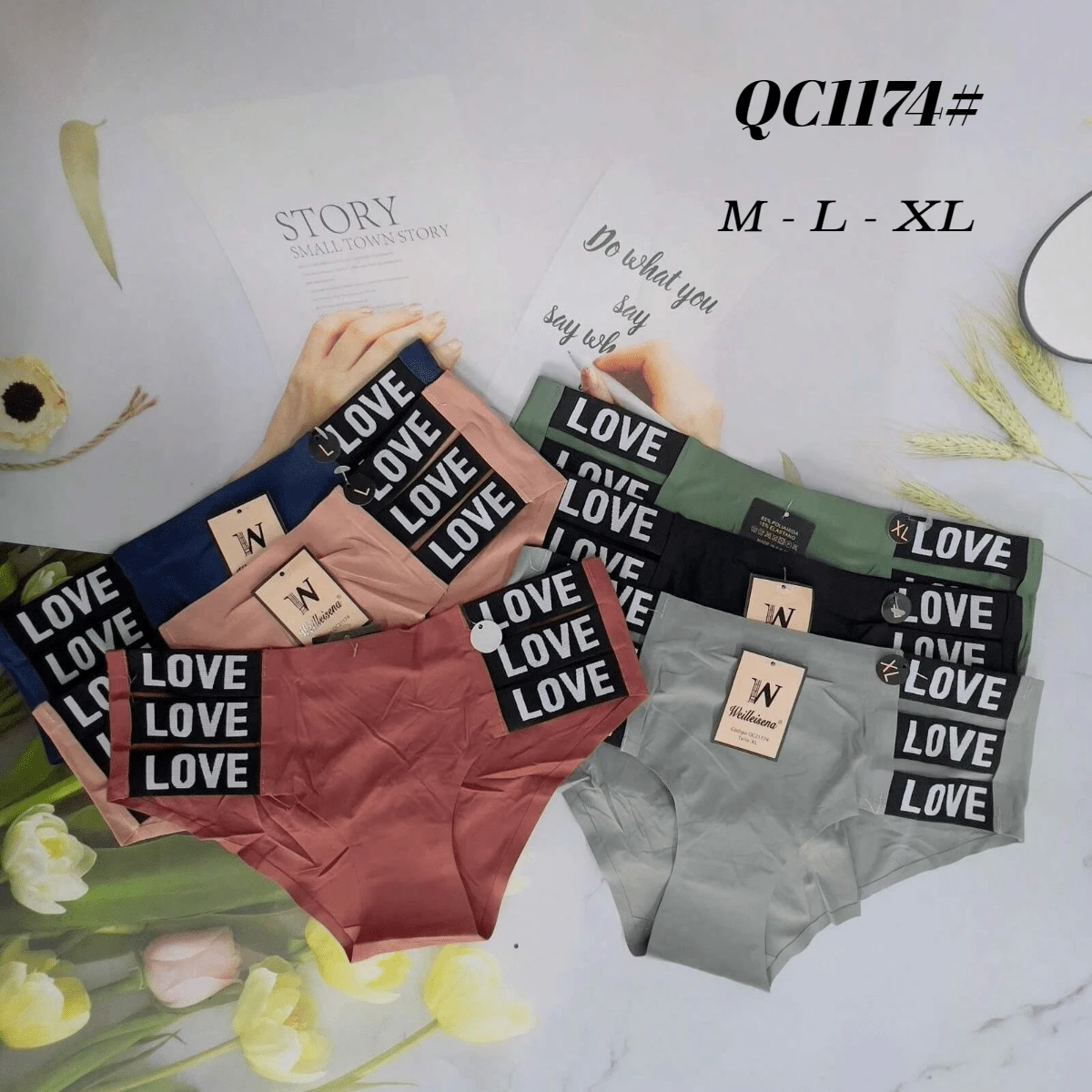 Calzones para Mujer de tiro medio con tiras y frase de LOVE, 3 piezas. - Multicolor - Ver 1