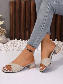 Women's Square Toe Chunky Heel Strap High Heel Sandals, Fashion Outdoor Simple Versatile Mid-Heel Chunky Heel Shoes - Beige - View 3