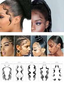5 hojas de tatuajes temporales para el cabello, pegatinas impermeables y de larga duración para el arte corporal - Negro - Ver 2