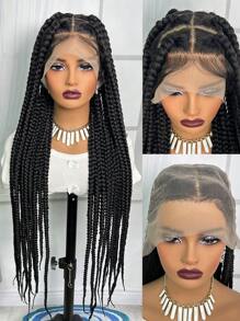 Full Double Lace Braid Wig  Full Lace Wig  36" Box Braided Wigs Lace Front Knotless Box Braids Lace Frontal Wig For Women Synthetic Black Hand Embroidery Full Double Lace Braid Wig With Baby Hair - Black - View 3