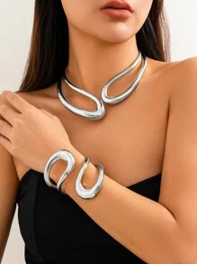 1pc Vintage Asymmetrical Multi-Layer Hollow Out Metallic Open Choker Necklace & Bracelet Set For Women, Golden & Silver, Charismatic Gift For Everyday Outfit - Gold + Silver - View 3