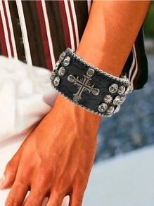 男女適用骷髏十字形鑲鑽手鐲,pu手帶嘻哈庞克風格,白水晶鑲嵌 Y2k萬聖節手環 - 黑色 - 查看 4