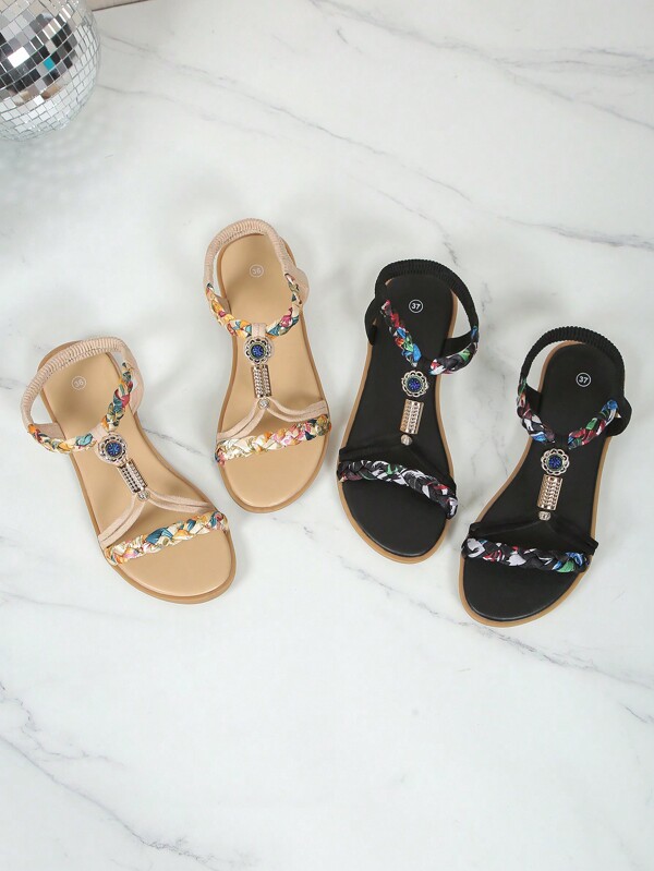 Bohemian Style Teenagers' Casual Elastic Band Flat Sandals, Fashionable And Comfortable For Beach In Summer