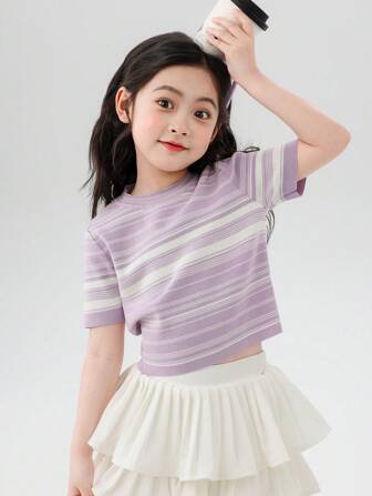 zosee Young Girl 2024 Summer New Ice Silk Striped Short Sleeve Cool T-Shirt