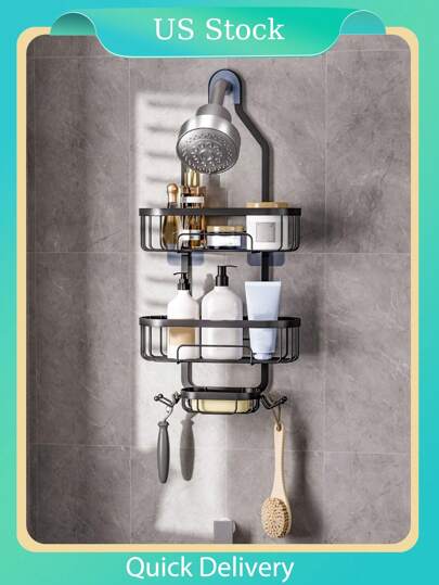 1pc Bathroom Hanging Shower Organizer, Over Head Shower Caddy Shower Storage Rack Basket With Hooks For Razor And Sponge Rustproof