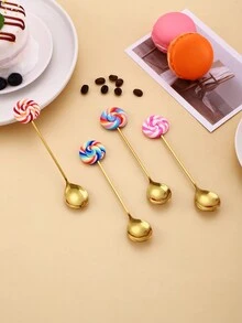4pcs Stainless Steel Lollipop Shaped Dessert Spoons, Cute Coffee Spoons