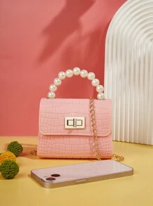 Faux Pearl Beaded Handbag, Mini Cute Crossbody Bag- Perfect Gift - Pink - View 3