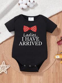 Baby Boy Slogan And Bow Tie Printed Short Sleeve Bodysuit - Black - View 1