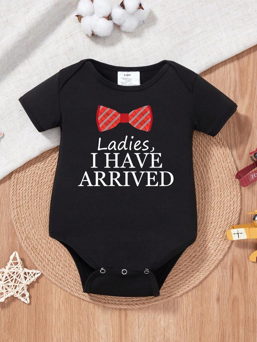 Baby Boy Slogan And Bow Tie Printed Short Sleeve Bodysuit - Black - View 1