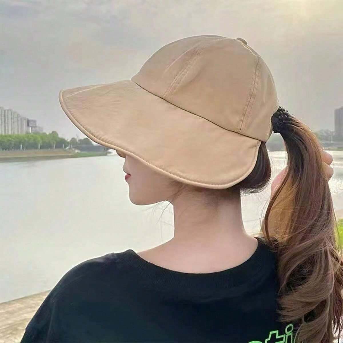 Chapeau De Soleil à Queue De Cheval Pliable Pour Femme – Protection UV Et Grand Bord – Noir