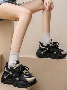 新款女性休閒增厚鞋底鞋,時尚運動厚底休閒鞋/運動鞋 - 黑色 - 查看 5
