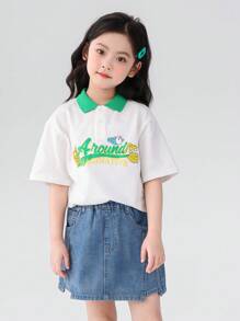zosee Young Girl's Contrast Color Graphic Print Short Sleeve Polo Shirt, Summer 2024 New Collection - White - View 1