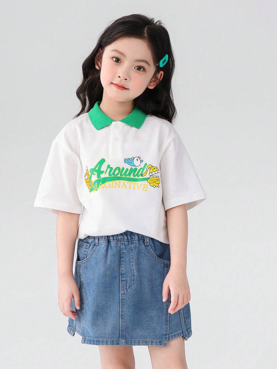 zosee Young Girl's Contrast Color Graphic Print Short Sleeve Polo Shirt, Summer 2024 New Collection - White - View 1