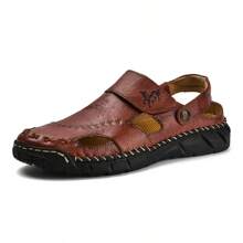 Men's Anti-Slip Outdoor Sandals, Dual-Use Beach Slippers, Wear-Resistant Soft-Sole Sandals For Men, Retro Asymmetric Pattern Created By Special Craftsmanship - Burgundy - View 1