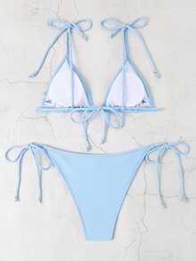 2023 Neue europäische und amerikanische sexy Bikini-Sets in einfarbig, Damen Bikinis für Sommer und Strand - Blau - Übersicht 5