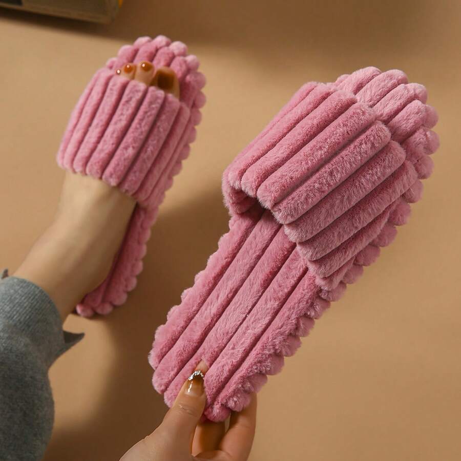 Spring/Summer Fluffy Stripe Patterned Lightweight Soft-Sole Open Toe Slippers For Indoor Use - Purple - View 1