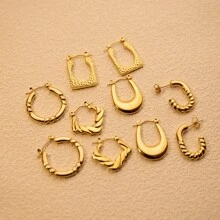 5對簡約不銹鋼圓形/方形/扭結油壓環耳環套裝 - 金色 - 查看 22