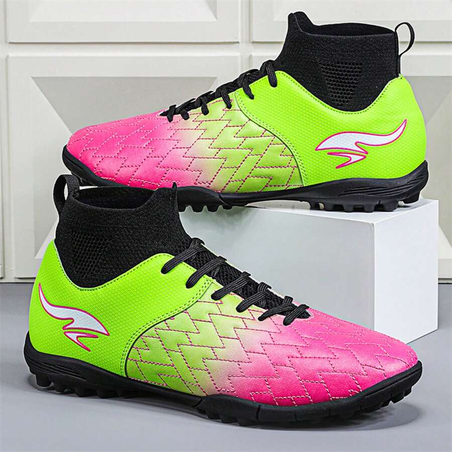 專業足球鞋新設計,適用於青少年,男女通用,tpu長短針,橡膠鞋底,防滑,比賽和訓練適用,高頂運動靴,粉綠色 - 綠色 - 查看 1