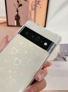 苹果 2000 年代时尚 Y2K 单件透明防震 Tpu 手机壳，带四角保护和激光心形贴纸，适用于 Pixel 6/6a/6pro/7/7a/7pro/8pro 防水防摔防刮 - 無色 - 查看 3