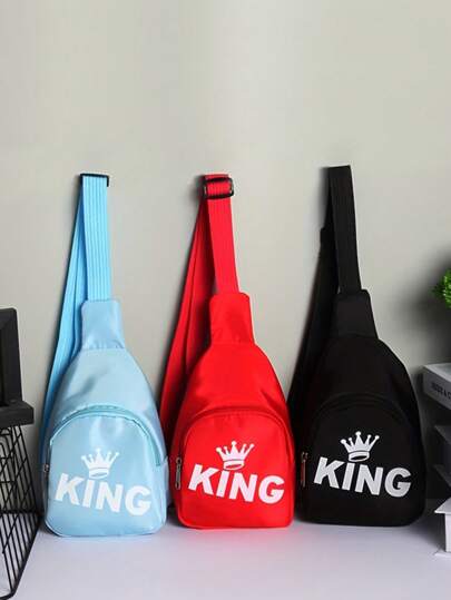 1pc Unisex Kids Nylon Zipper Crown & Letter Pattern Chest Bag, Suitable For Daily Use, Christmas Gift