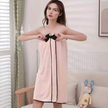 1件蝴蝶結可調節的女士淋浴包裹浴袍,可愛吸水包裹浴袍,柔軟輕便的多功能遮蓋毛巾,家庭旅行酒店必備的包裹毛巾,浴室用品 - 粉色 - 查看 8