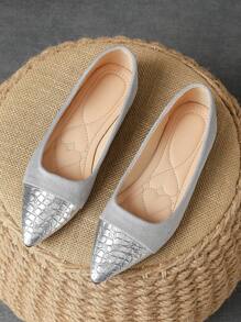 MonaNise 女士舒适尖头黑色蛇纹黄色平底鞋，深蓝色，适合旅行和秋季，休闲百搭橄榄绿低帮纯色鞋 - 銀色 - 查看 1