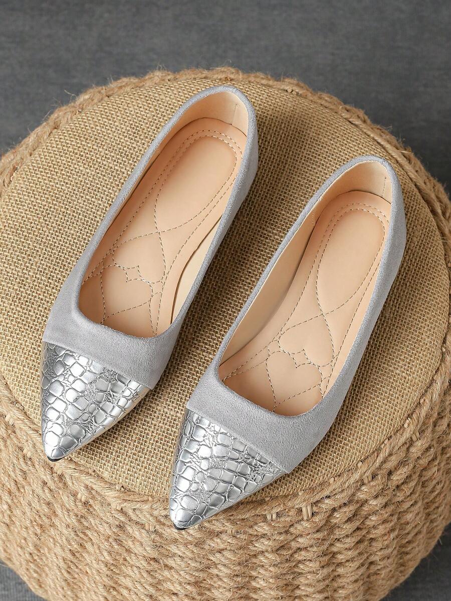 MonaNise 女士舒适尖头黑色蛇纹黄色平底鞋，深蓝色，适合旅行和秋季，休闲百搭橄榄绿低帮纯色鞋 - 銀色 - 查看 1