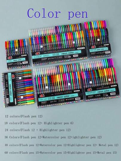 1set Glitter Gel Pen & Fluorescence Pen, 12/18/24/36/48/60 Colors Available Back To School