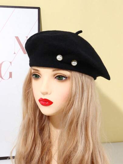 1pc Faux Pearl Decorated French Classic Beret Suitable For Daily Wear Vintage