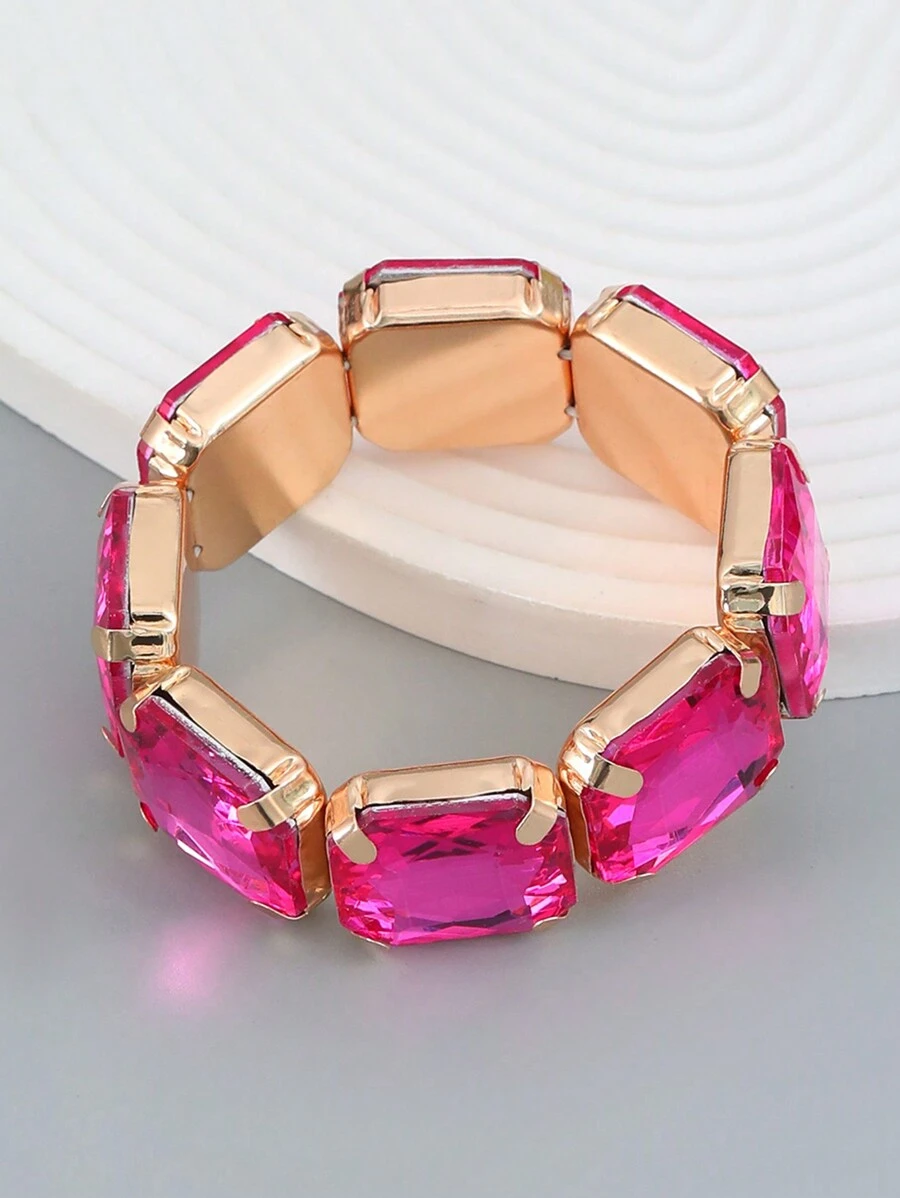1 chiếc Vòng tay pha lê vuông sang trọng 23*23MM, dành cho ngày lễ và tiệc tùng - Màu Hồng Tươi - Xem 1