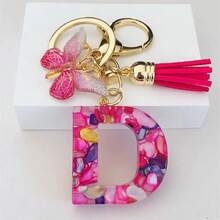 1pc Women's Initial Keychain With Pink Resin Letter, Rhinestone & Butterfly Pendant For Bag/Purse Boho - Hot Pink - View 5