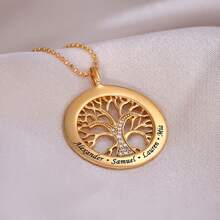 Customized Personalized Stainless Steel Name Engraving Pendant Necklace With Family Tree & Letter Charm, Embellished With Rhinestone, Ideal Jewelry Gift For Family