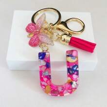 1pc Women's Initial Keychain With Pink Resin Letter, Rhinestone & Butterfly Pendant For Bag/Purse Boho - Hot Pink - View 17