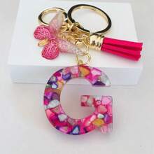 1pc Women's Initial Keychain With Pink Resin Letter, Rhinestone & Butterfly Pendant For Bag/Purse Boho - Hot Pink - View 19