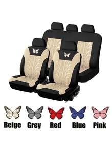 Conjunto de 5 fundas universales para asientos de automóvil hechas de tela de poliéster con proceso de prensado de esponja de 4 mm, con patrón de mariposa estampado en caliente, adecuadas para automóviles pequeños y medianos, disponibles en varios colores - Beis - Ver 1