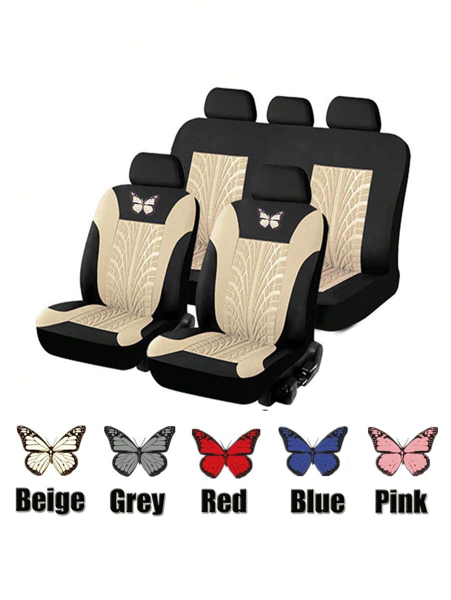 Conjunto de 5 fundas universales para asientos de automóvil hechas de tela de poliéster con proceso de prensado de esponja de 4 mm, con patrón de mariposa estampado en caliente, adecuadas para automóviles pequeños y medianos, disponibles en varios colores - Beis - Ver 1