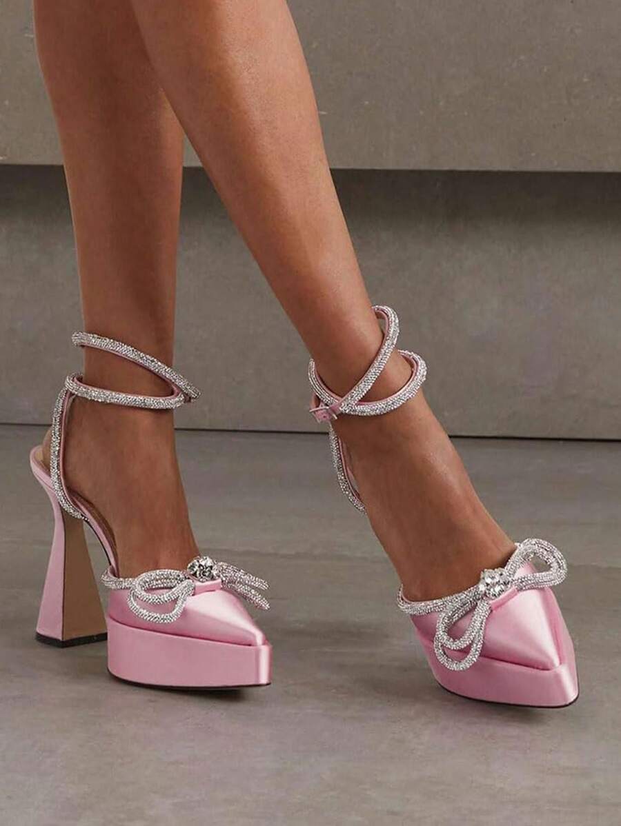 Women's Rhinestones Bow Knot Platform Heeled Sandals Ankle Strap Pointed Toe Stiletto High Heels Fashion Dress Shoes - Pink - View 1