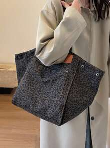 休闲时尚大容量豹纹女士托特包百搭个性设计流行包，书包，大容量，便携，适合少女女大学生，白领人士学校手提包，学校托特包，学校书包，返校包，轻便，可折叠，经典休闲，适合少女女大学生，非常适合返校，开学第一天，购物 - 彩色 - 查看 5