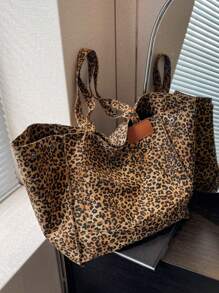 休闲时尚大容量豹纹女士托特包百搭个性设计流行包，书包，大容量，便携，适合少女女大学生，白领人士学校手提包，学校托特包，学校书包，返校包，轻便，可折叠，经典休闲，适合少女女大学生，非常适合返校，开学第一天，购物 - 彩色 - 查看 2