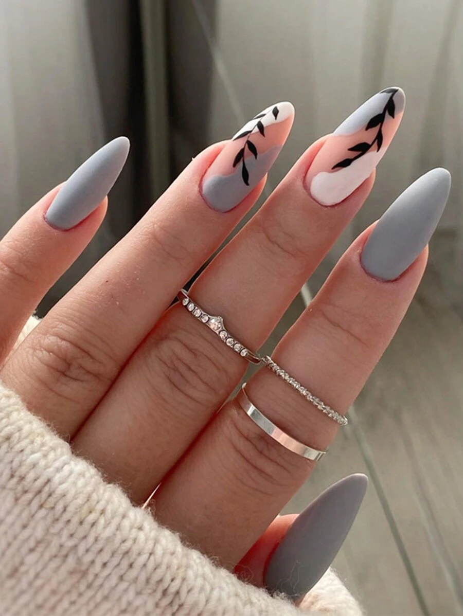 Eleva il tuo stile con 24 pezzi di Unghie finte matte lunghe a forma di mandorla, a blocchi di colore a foglia blu stampata con 1 foglio di nastro adesivo e 1 lima per unghie, forniture per unghie - Multicolore - Visualizzare 1