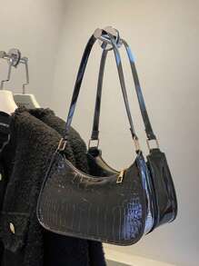 1pc Mini Solid Color Versatile Crocodile Embossed PU Zipper Closure Underarm Bag, Suitable For Daily Use (Note: Scratches On Glossy Items Are Unavoidable, Please Purchase Carefully)