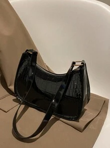 1pc Mini Solid Color Versatile Crocodile Embossed PU Zipper Closure Underarm Bag, Suitable For Daily Use (Note: Scratches On Glossy Items Are Unavoidable, Please Purchase Carefully)