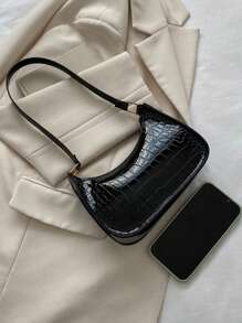 1pc Mini Solid Color Versatile Crocodile Embossed PU Zipper Closure Underarm Bag, Suitable For Daily Use (Note: Scratches On Glossy Items Are Unavoidable, Please Purchase Carefully)