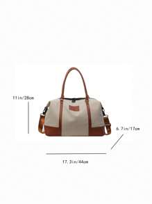 Fashionable Color Block Large Capacity Handbag Shoulder Bag Casual Tote Bag For Short Trip Travel Gym Versatile Zipper Closure Vintage Travel Bag For Women - Khaki - View 11