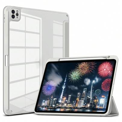 1pc Gray Smart Protective Case, Compatible With IPad Pro 11" (1st, 2nd Gen), 12.9" (3rd Gen), Air 4, 5, 10th, 9th, 8th, 7th, 10.9", 10.2", 10.5", 9.7", Mini 4, 5, 6, Transparent, Support Wake/Sleep/Storage, Pencil Slot, Anti-Drop Stand, Leather Tablet Cover - Gray