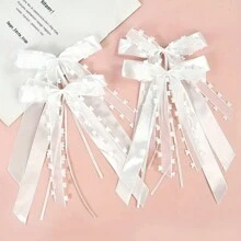 5pcs White Lace Ribbon Bow With Satin Ribbon, Ideal For Diy Gift Wrapping, Wedding Car Decoration, Chair Sashes, Home Decor Valentine's Day - White - View 3