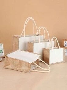 1pc Canvas+Jute Handbag Burlap Tote Bag Reusable Daily Use Travel Beach Storage Organizer Shopper Bag DIY Montage Jute Bag Suitable For Wedding, Party Festival And Painting, Christmas