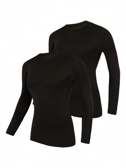 2pcs/Set Women Solid Color Long Sleeve Sports Tops, Comfortable Base Layer Long Sleeve T-Shirt, High Elasticity Yoga Tight Clothing, Female